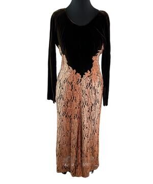 VINTAGE Brown Orange Honey Dress Lace Floral Jacquard Scoop Neck Renaissance